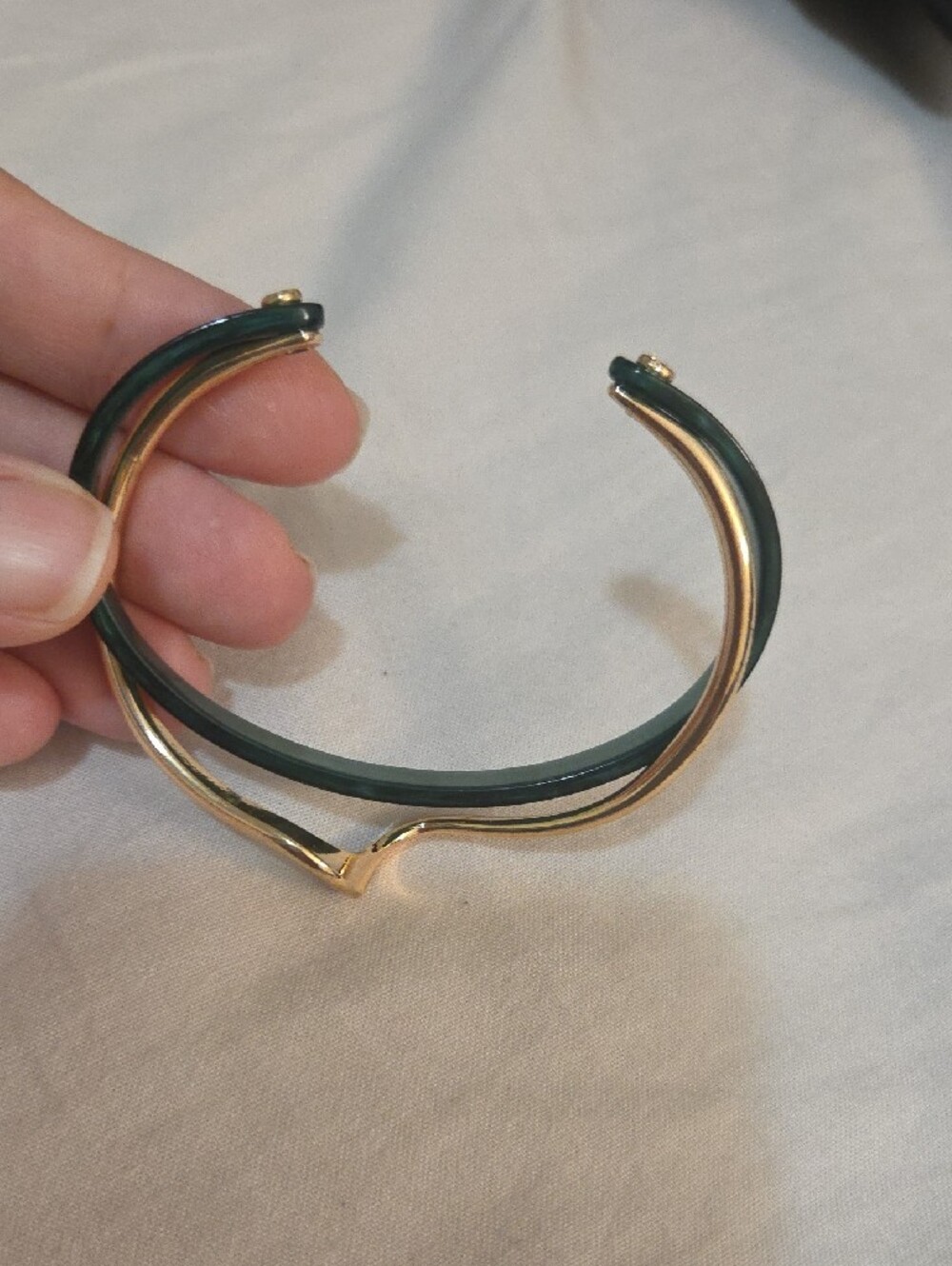 Gold-Tone Swirl Bangle with Green Inlay Bracelet, NIP, Gift Pouch - Picture 5 of 8